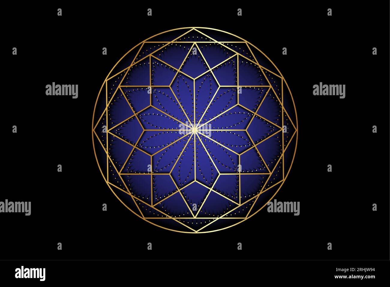 Mandala d'oro di antica geometria sacra. Simboli Chakra, Ajna, colore blu scuro, Chakra del terzo occhio. Alchimia, religione, filosofia, spiritualità. Illustrazione Vettoriale