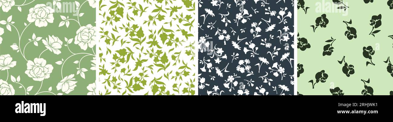 Set di quattro motivi floreali con fiori e foglie nei colori verde, blu e bianco. Stampe floreali vettoriali senza cuciture Illustrazione Vettoriale