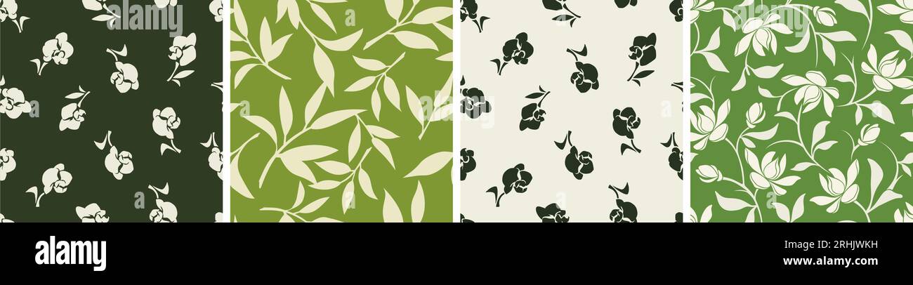 Set di quattro motivi floreali con fiori e foglie di colore verde. Stampe floreali vettoriali senza cuciture Illustrazione Vettoriale