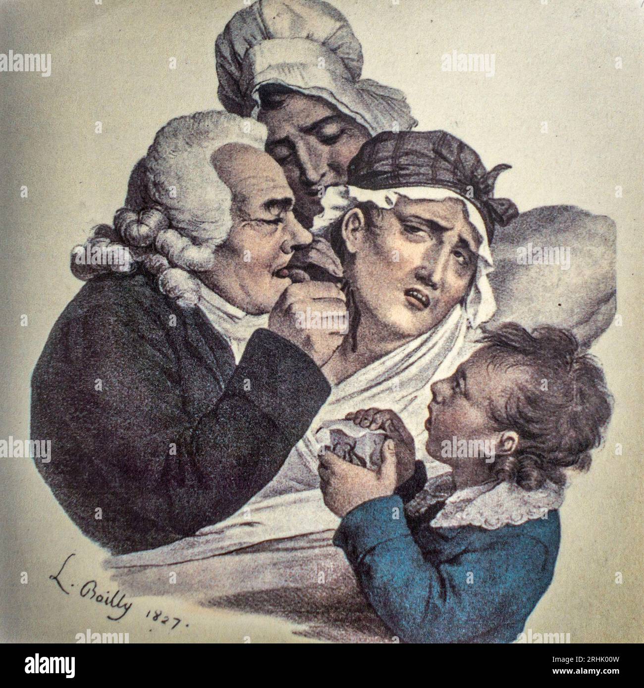 Caricatura dei primi anni del XIX secolo del medico che cura i pazienti con le sanguisughe. 1827 litografia di Louis-Léopold Boilly Foto Stock