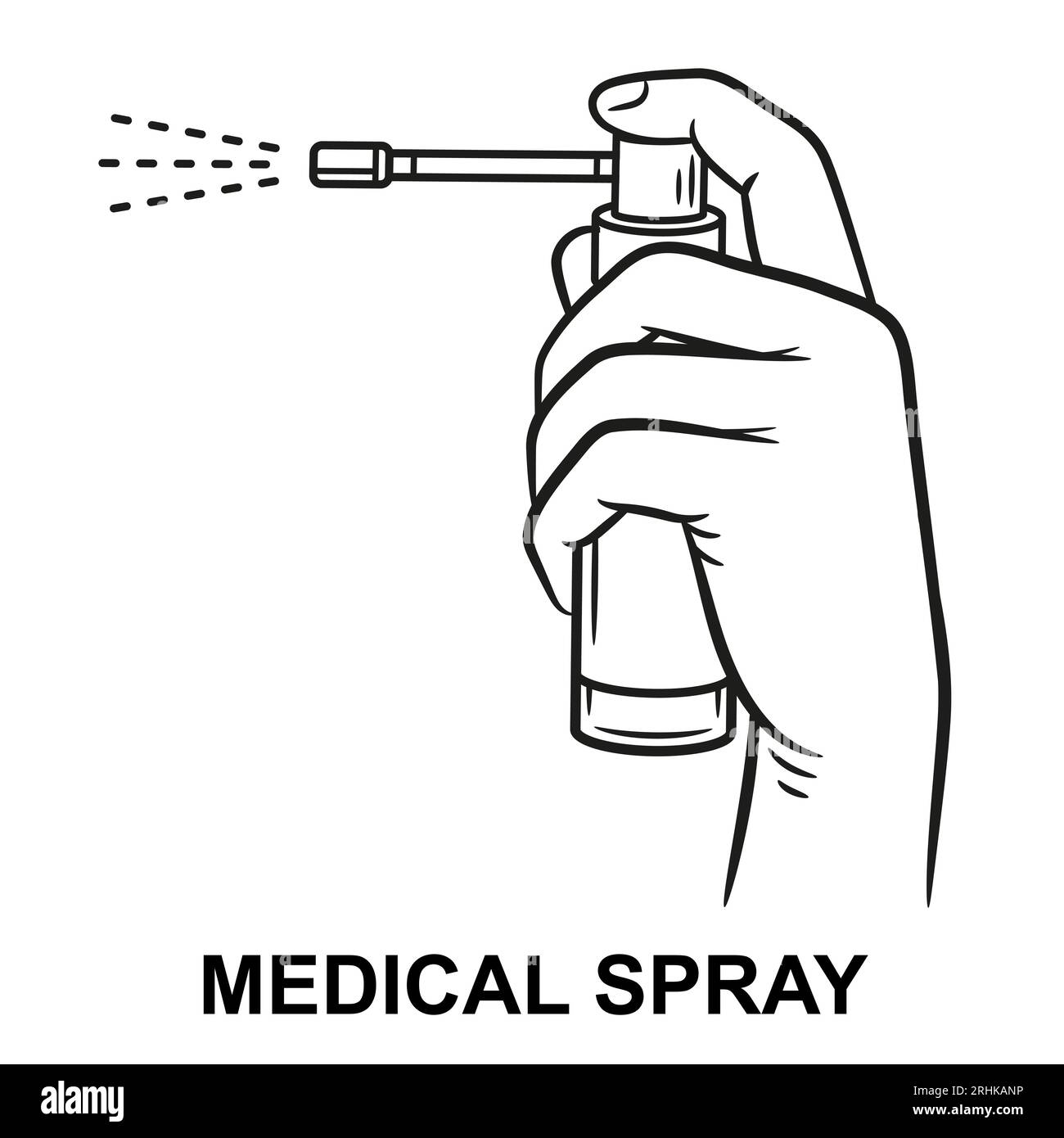 Flacone spray medico per gola in mano, icona linea dispenser spray spruzzi. Farmaco liquido per l'igiene orale. Pharmacy Antiseptic.Vector Illustrazione Vettoriale