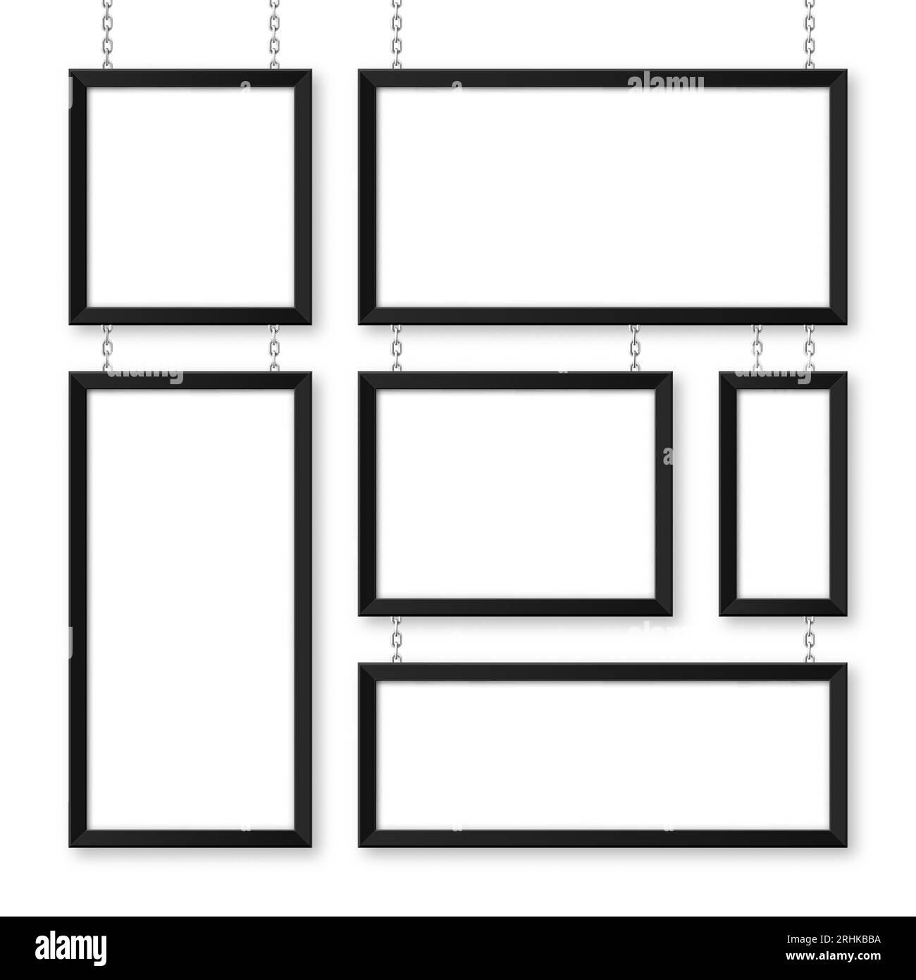 Cartelli neri appesi su una catena metallica. Menu del ristorante. Moderno poster mockup. Foto o cornice vuota. Pubblicità o presentazione Illustrazione Vettoriale