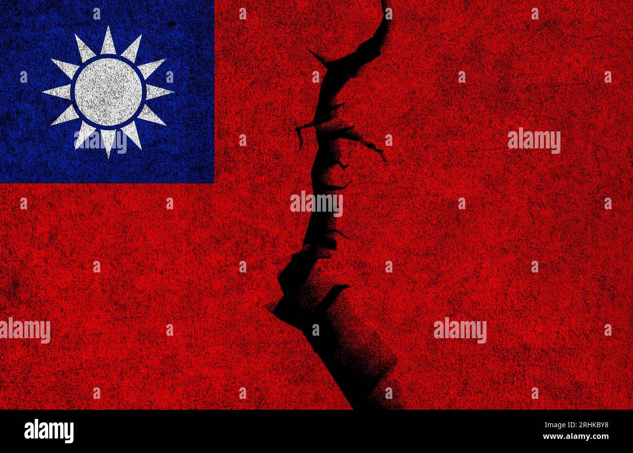Bandiera di Taiwan su sfondo muro incrinato. Crisi di Taiwan, divisione politica, concetto di conflitti Foto Stock