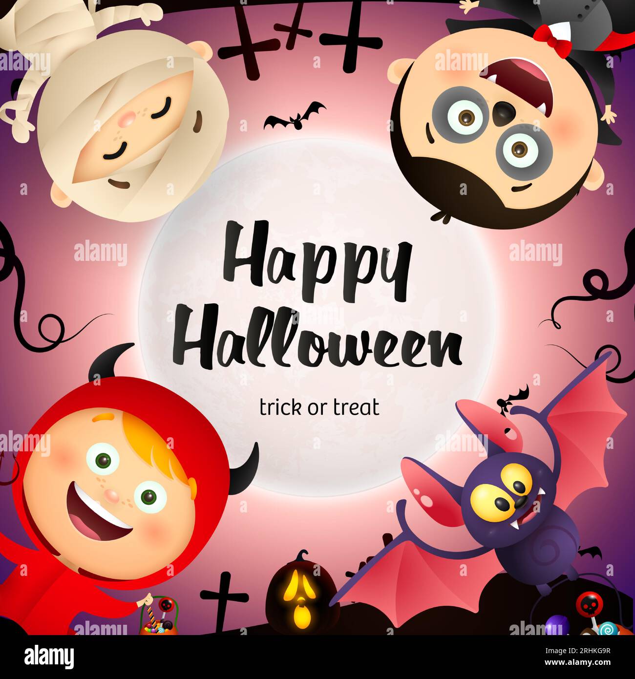 Buon Halloween lettering, pipistrello, bambini in costumi da mostri Illustrazione Vettoriale
