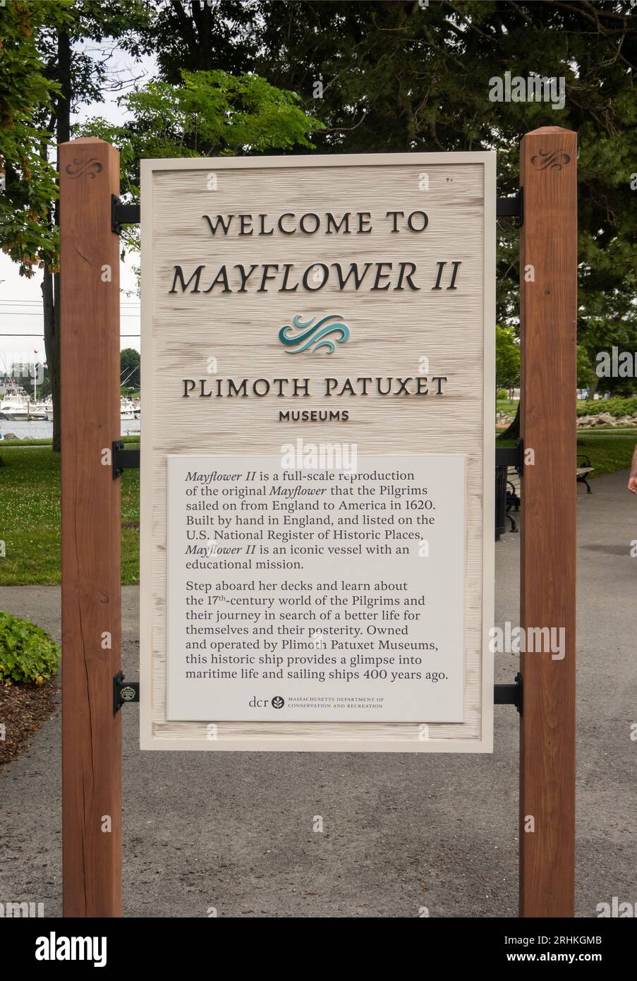 Cartello di benvenuto per il museo Mayflower II di Plymouth, Massachusetts Foto Stock
