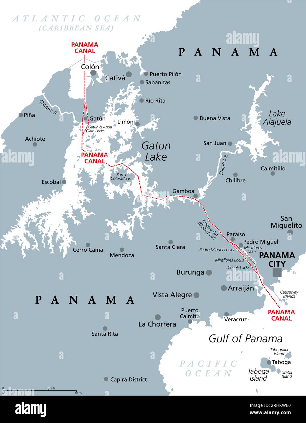 Canale di Panama, mappa politica grigia. Via d'acqua artificiale a Panama, che collega l'Oceano Atlantico (Mar dei Caraibi) con l'Oceano Pacifico. Foto Stock