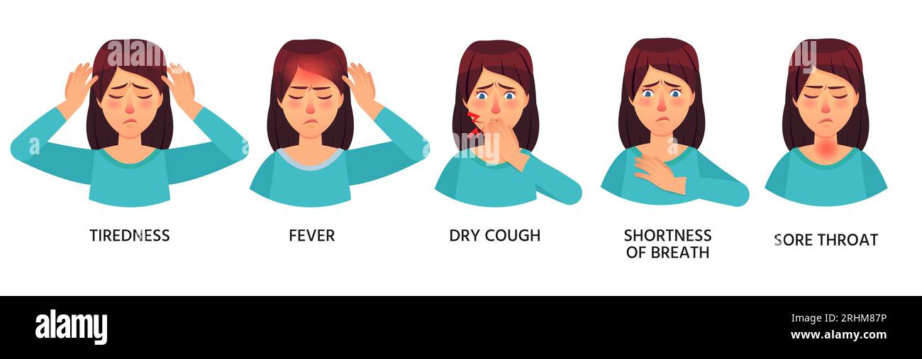 Donna con sintomi covid-19 tosse secca e mal di gola. Illustrazione febbre da infezione, corona respiratoria medica 2019-ncov vettore Illustrazione Vettoriale