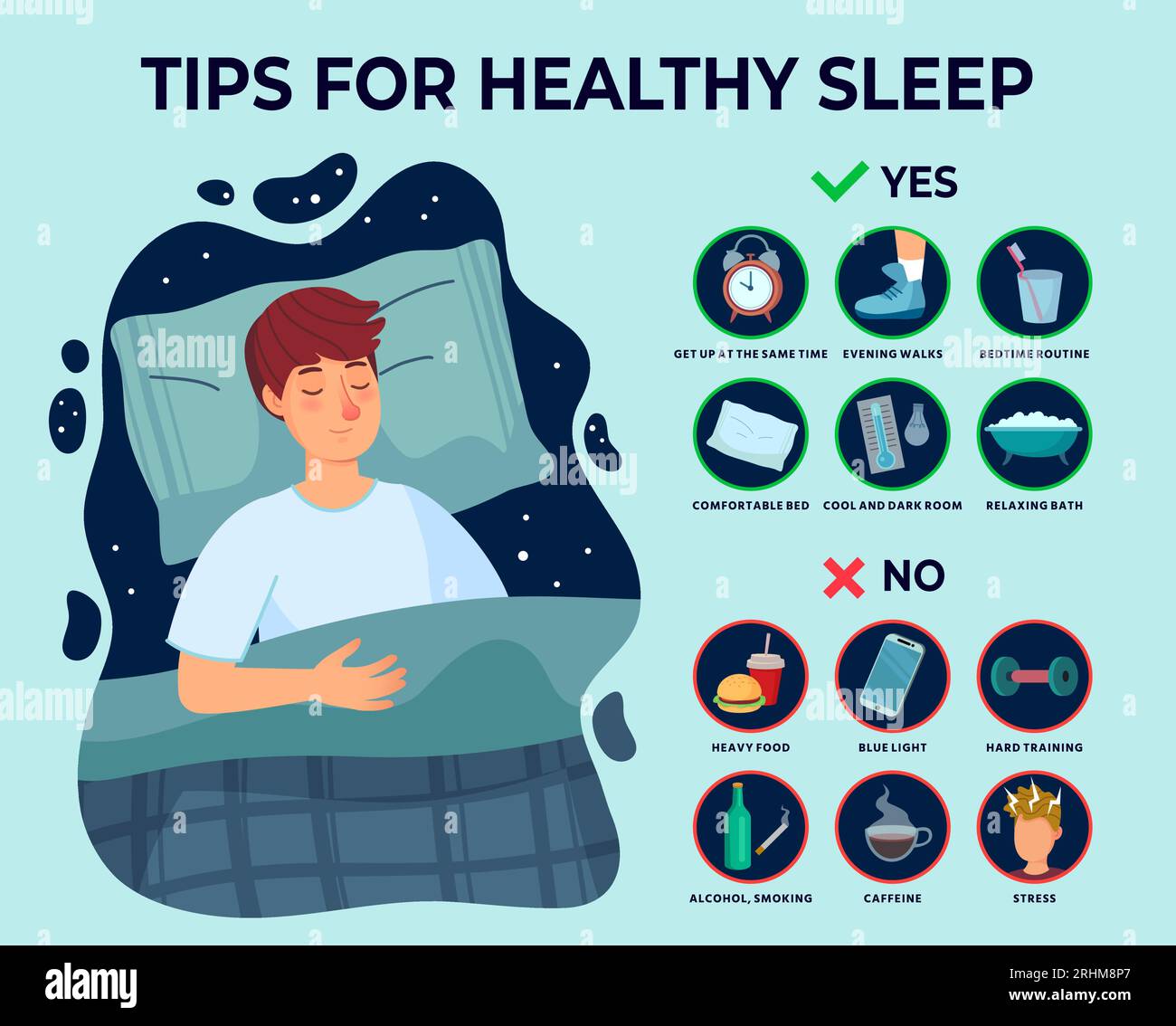 Infografiche suggerimenti per il sonno sano. Cause dell'insonnia, regole di buon sonno e l'uomo dorme sull'illustrazione vettoriale del cuscino. Raccomandazione di cure sane per andare Illustrazione Vettoriale