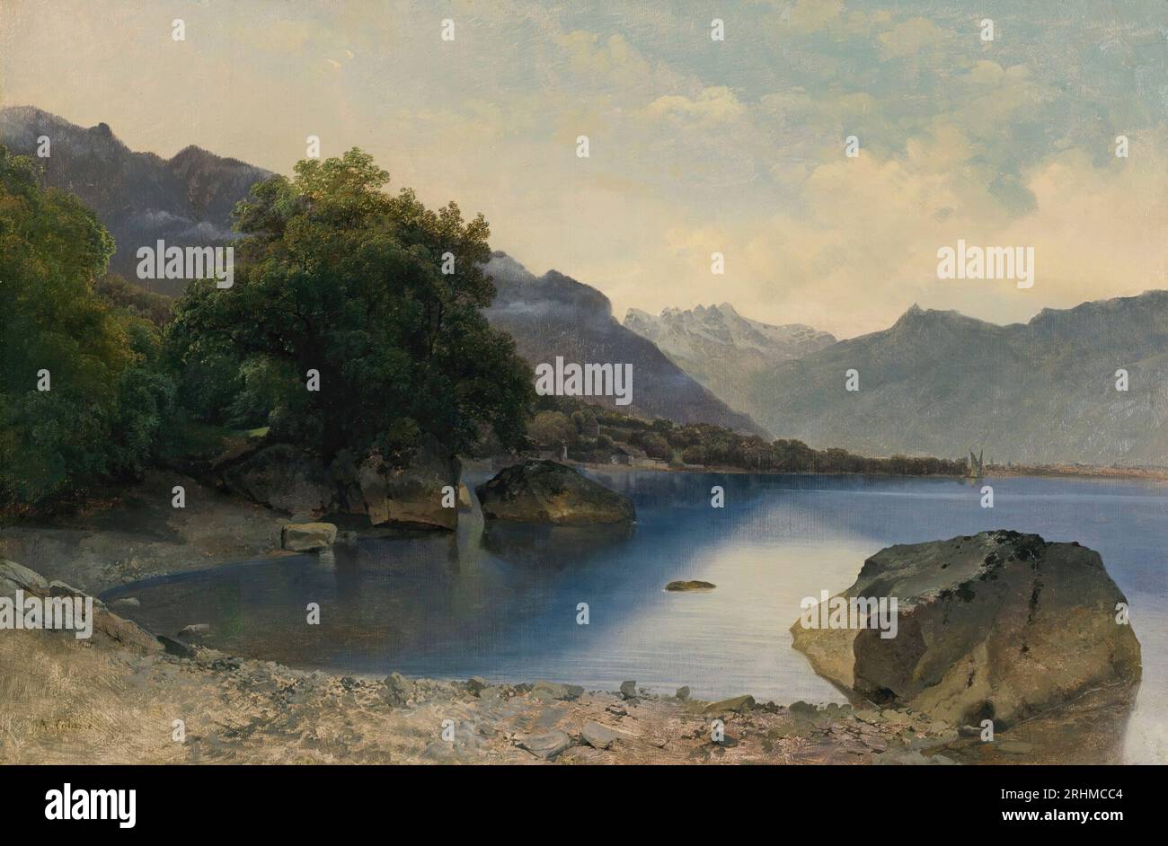 Alexandre calame (Svizzera, 1810-1864) - Petite Baie du Lac Léman près de Chillon, les Dents du Midi en arrière-plan Foto Stock