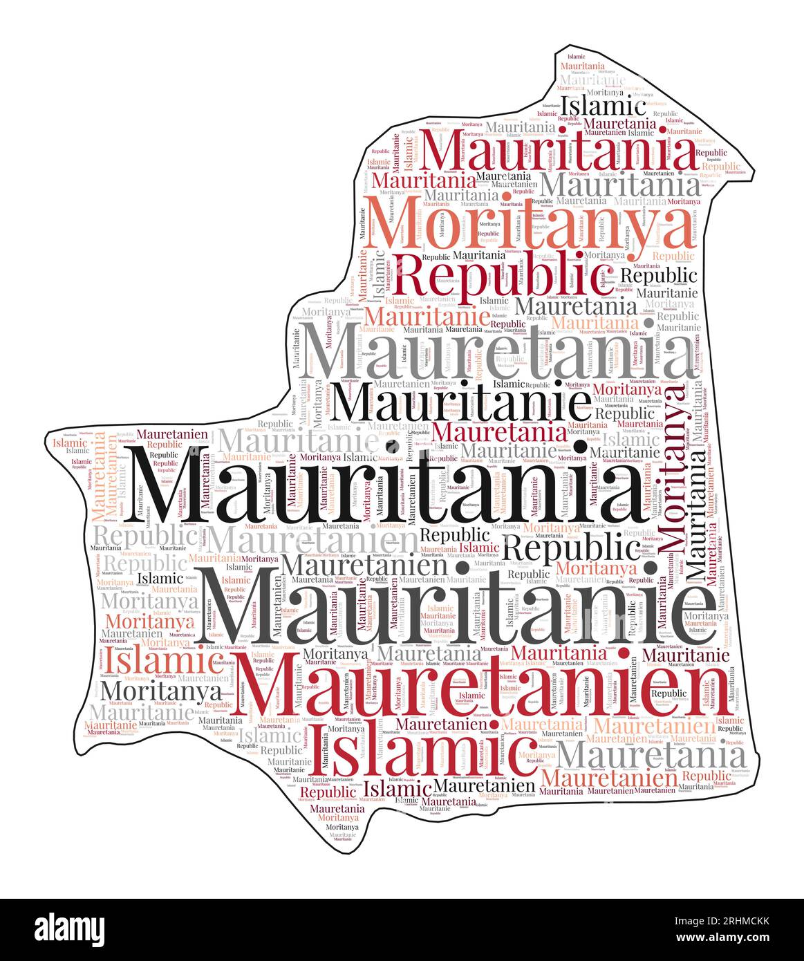 Forma della Mauritania riempita con il nome del paese in molte lingue. Mappa della Mauritania in stile nuvola di parole. Interessante illustrazione vettoriale. Illustrazione Vettoriale