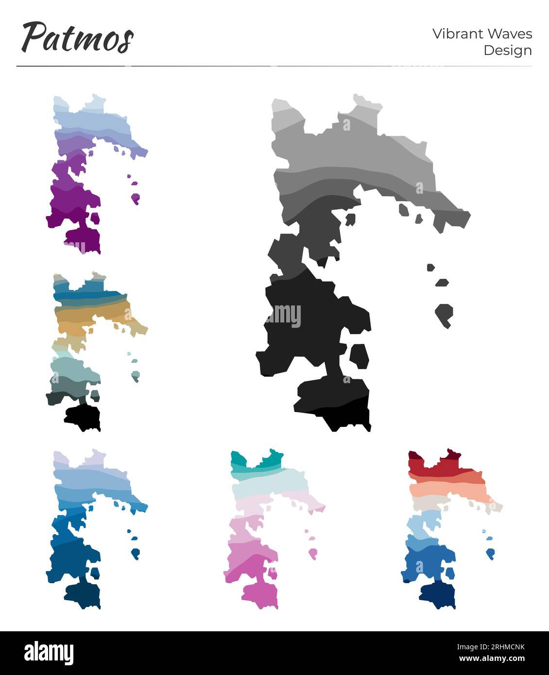 Set di mappe vettoriali di Patmos. Design dalle onde vibranti. Mappa luminosa dell'isola in stile geometrico con curve lisce. Mappa Patmos multicolore per il tuo progetto. Illustrazione Vettoriale