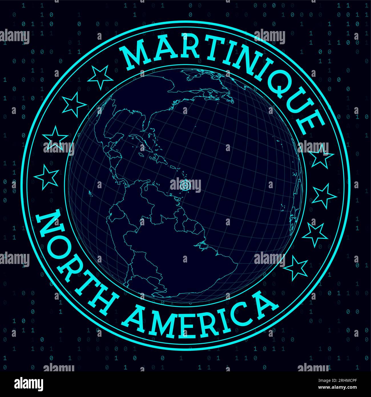 Segno rotondo DELLA MARTINICA. Futuristica visione satellitare del mondo incentrata sulla MARTINICA. Badge geografico con mappa, testo rotondo e sfondo binario. Illustrazione Vettoriale