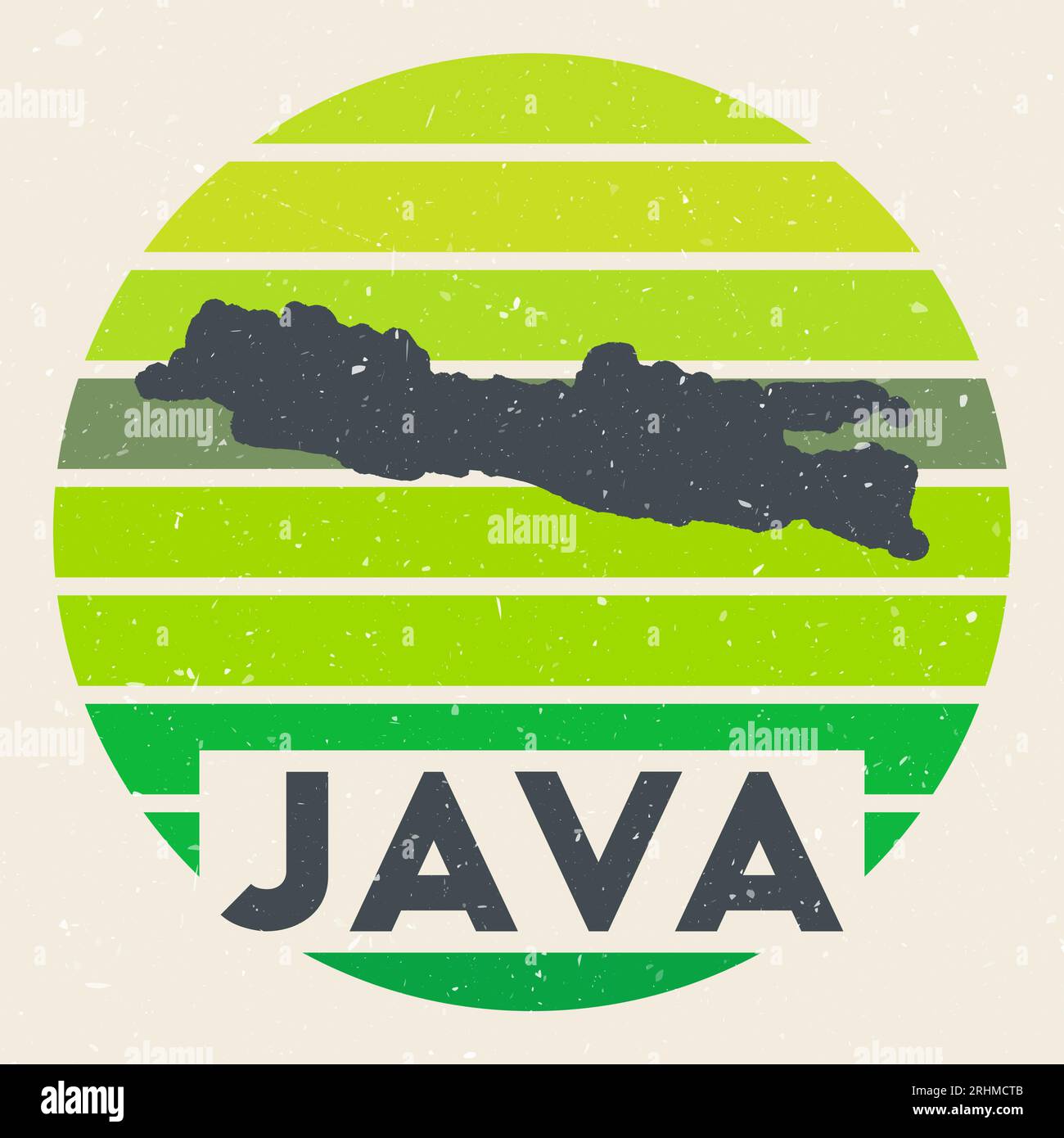 Logo Java. Firma con la mappa dell'isola e le strisce colorate, illustrazione vettoriale. Illustrazione Vettoriale