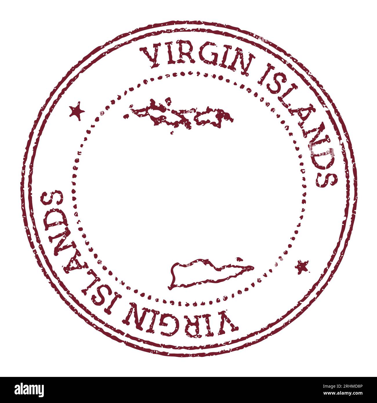 Francobollo rotondo di gomma delle Isole Vergini con mappa dell'isola. Timbro passaporto rosso vintage con testo circolare e stelle, illustrazione vettoriale. Illustrazione Vettoriale