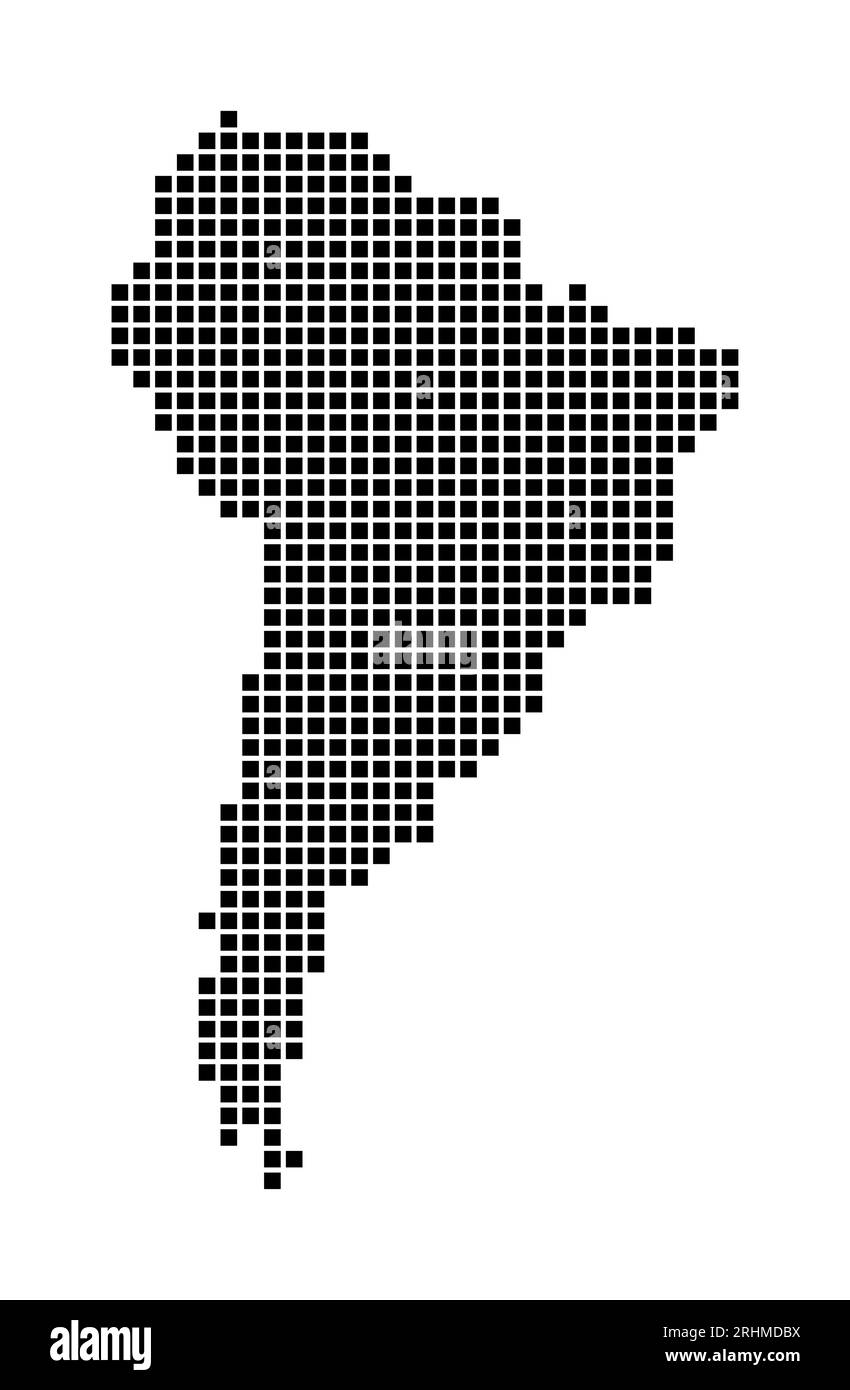 Mappa del Sud America. Mappa del Sud America in stile punteggiato. Bordi del continente riempiti di rettangoli per il progetto. Illustrazione vettoriale. Illustrazione Vettoriale