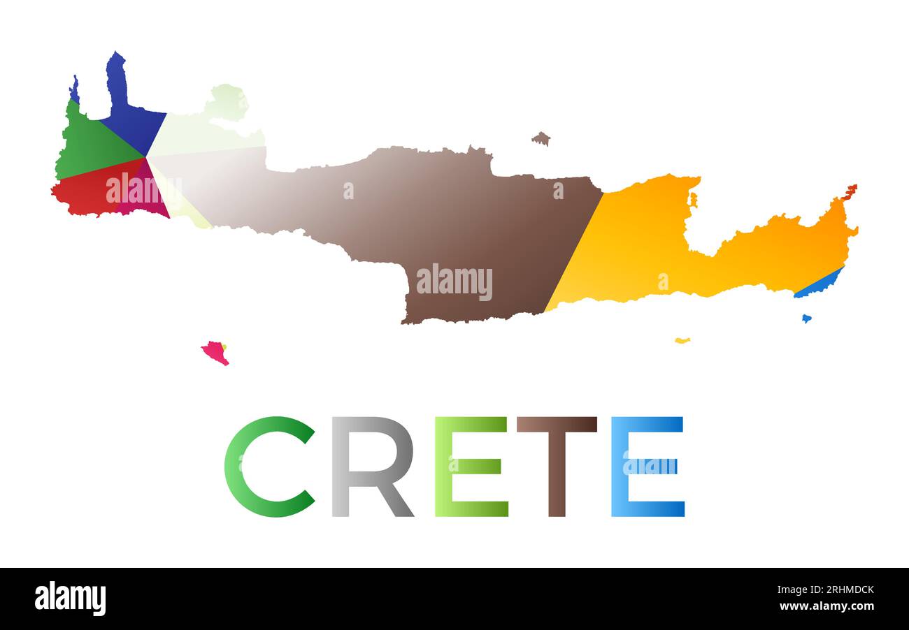 A forma di Creta dai colori vivaci. Logo dell'isola in stile geometrico multicolore. Design moderno e alla moda. Illustrazione vettoriale di raffreddamento. Illustrazione Vettoriale