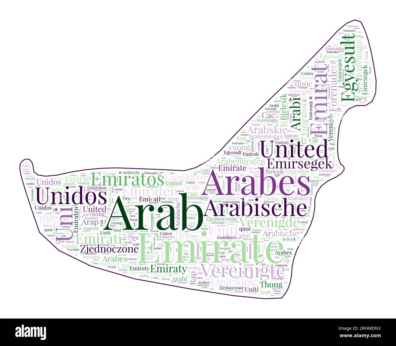 Forma degli Emirati Arabi Uniti con il nome del paese in molte lingue. Mappa degli Emirati Arabi Uniti in stile Word cloud. Eccellente illustrazione vettoriale. Illustrazione Vettoriale