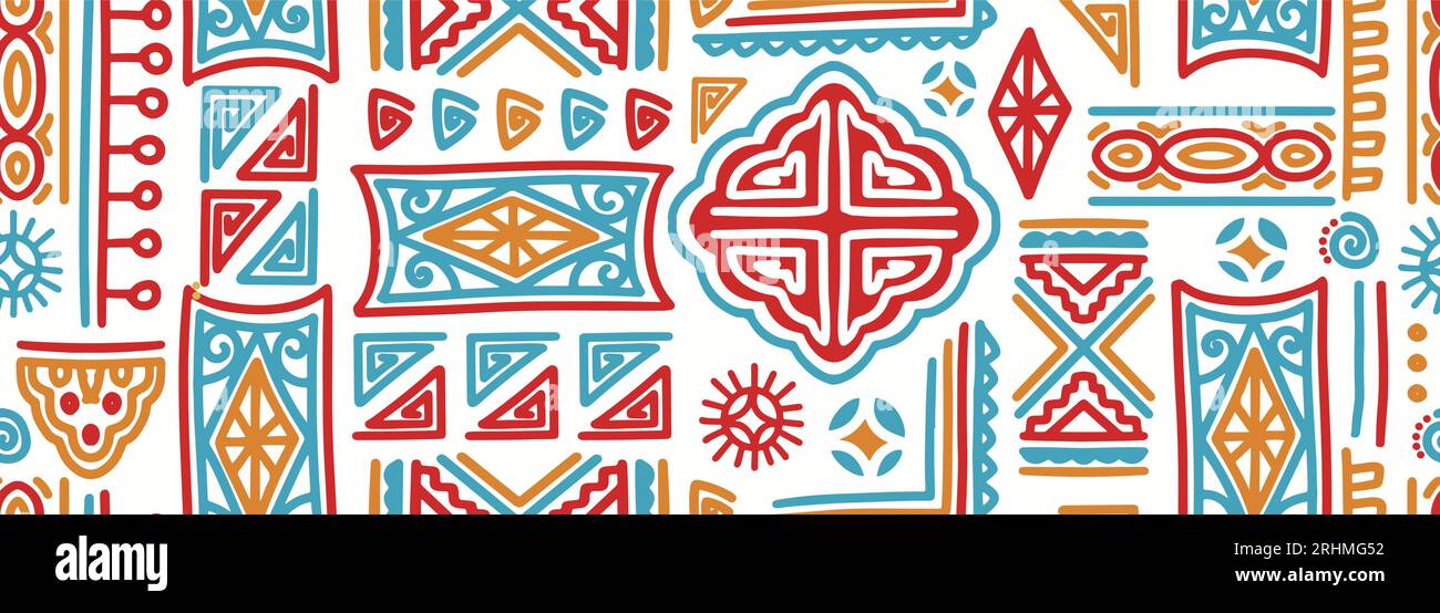 Colorato motivo tribale senza cuciture disegnato a mano, illustrazione vettoriale a doodle, ornamento astratto navajo, ideale per la stampa tessile di moda. Illustrazione Vettoriale