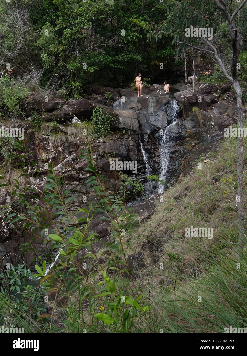 Giovani donne visitatori di Attie Creek Falls, Girringun National Park, vicino a Cardwell, Queensland, Australia. No, MR Foto Stock