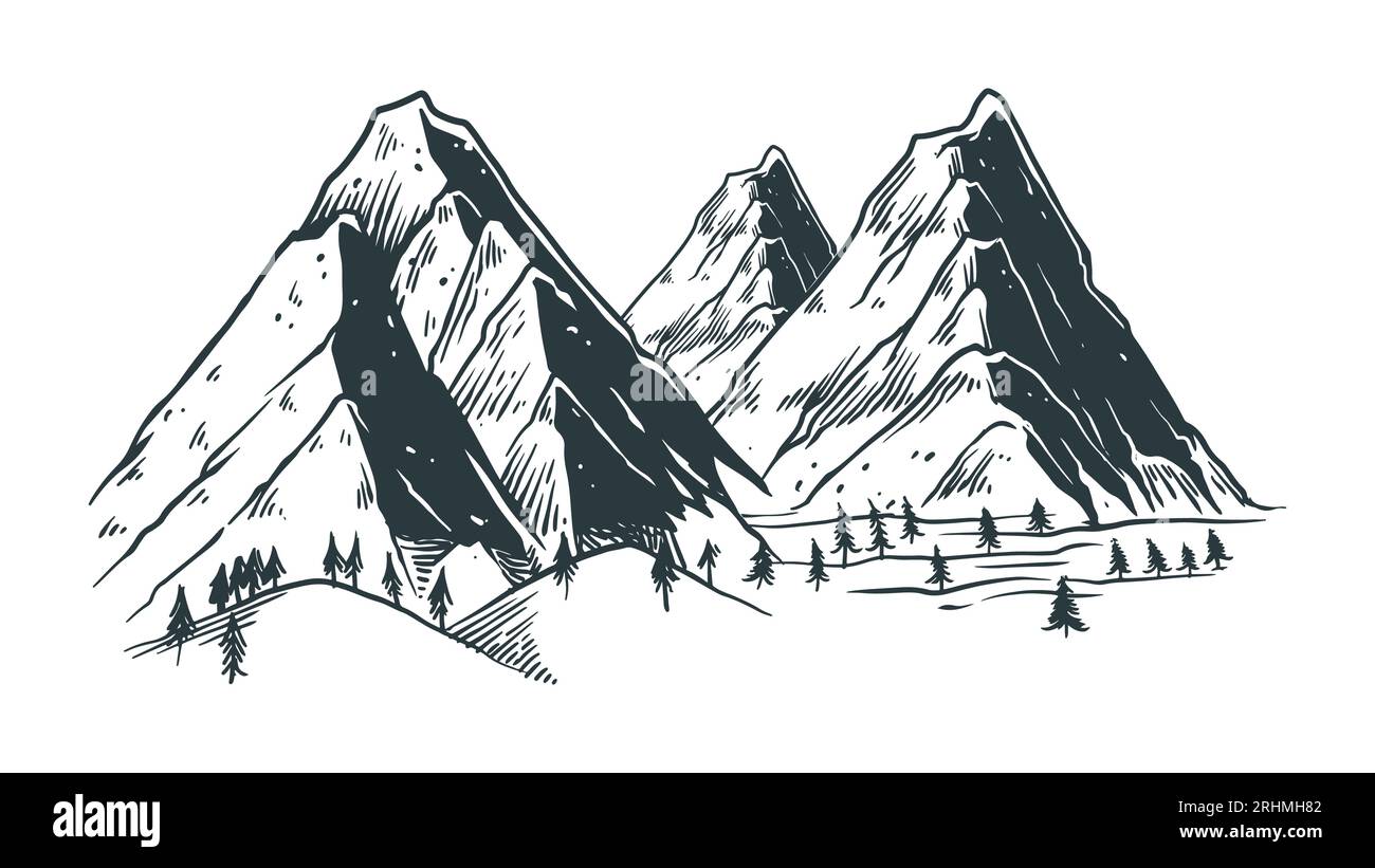 Paesaggio di montagna illustrazione vettoriale disegnata a mano, disegno naturale disegno vintage picchi rocciosi disegnati a mano in bianco e nero. Illustrazione Vettoriale