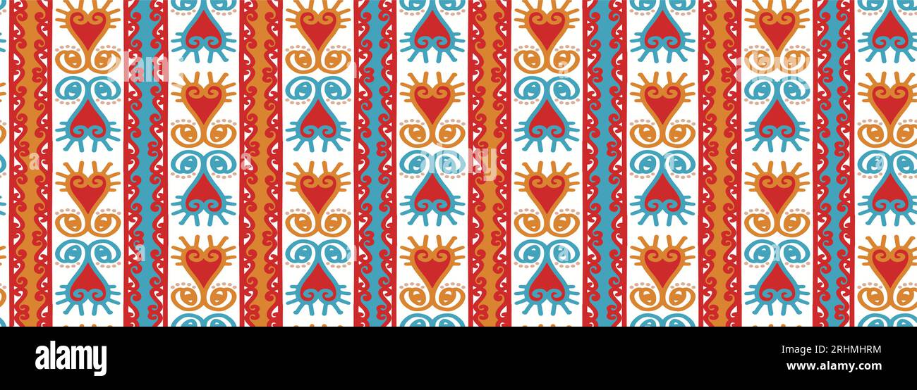 Colorato motivo tribale senza cuciture disegnato a mano, disegno a strisce vettoriali etniche. Ideale per la stampa tessile di moda. Illustrazione Vettoriale