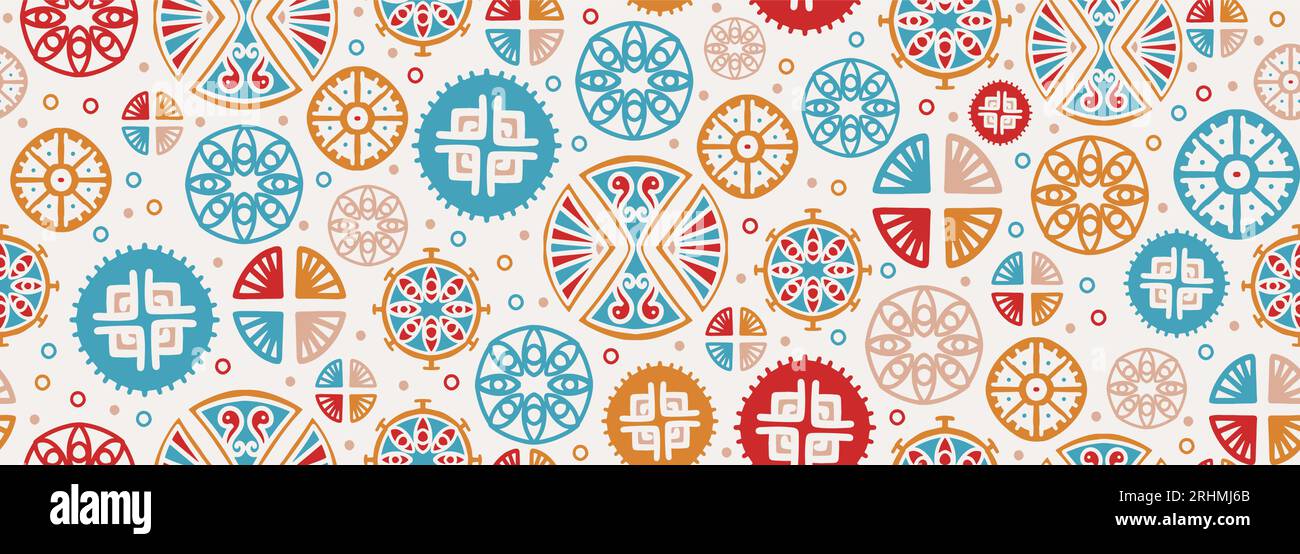 Motivo africano vettoriale, sfondo senza cuciture disegnato a mano fiore di Mandala, cerchio geometrico colorato disegno artistico per stampa tessile moda. Illustrazione Vettoriale