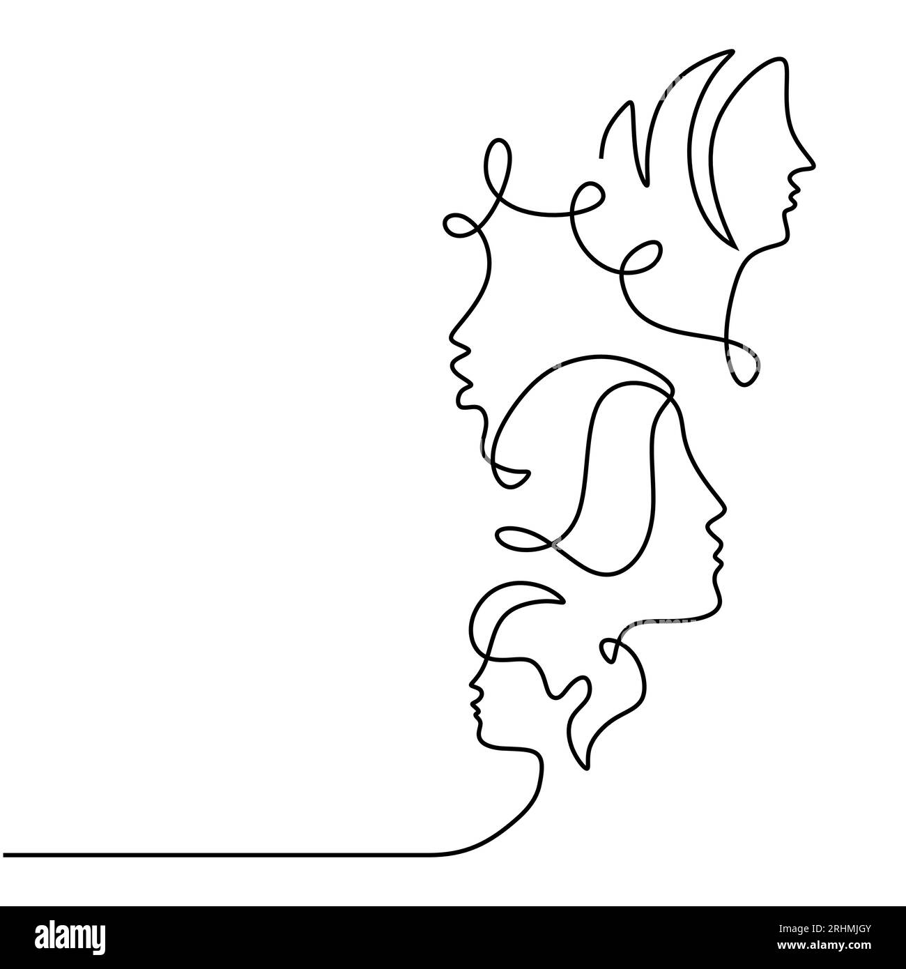 Multiculturale Sisterhood: Una celebrazione della giornata internazionale della donna attraverso l'uguaglianza, la solidarietà e la cooperazione. Vettore di disegno continuo a una linea Illustrazione Vettoriale