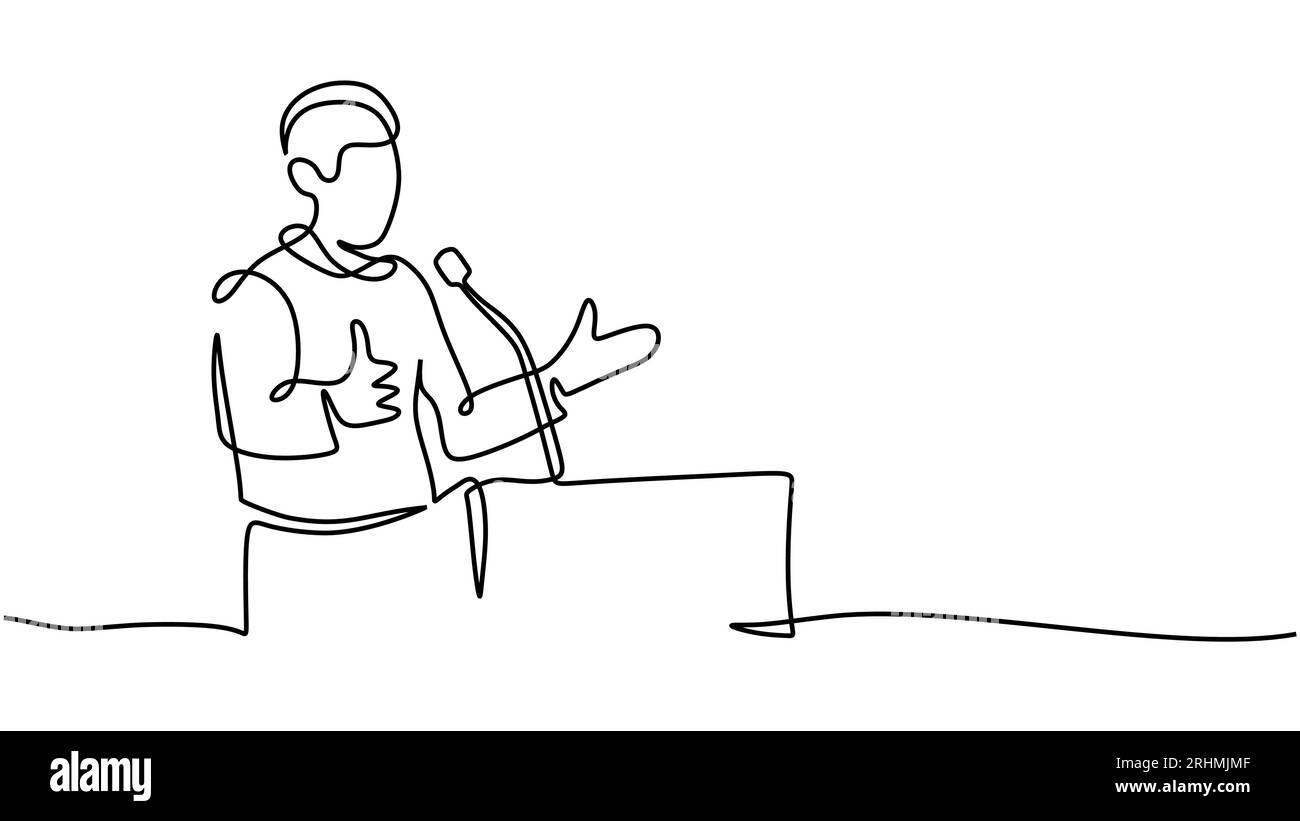 Linea continua le persone tengono un discorso sul podio. Illustrazione vettoriale minimalista. Uomo che parla con il pubblico durante l'evento. Illustrazione Vettoriale