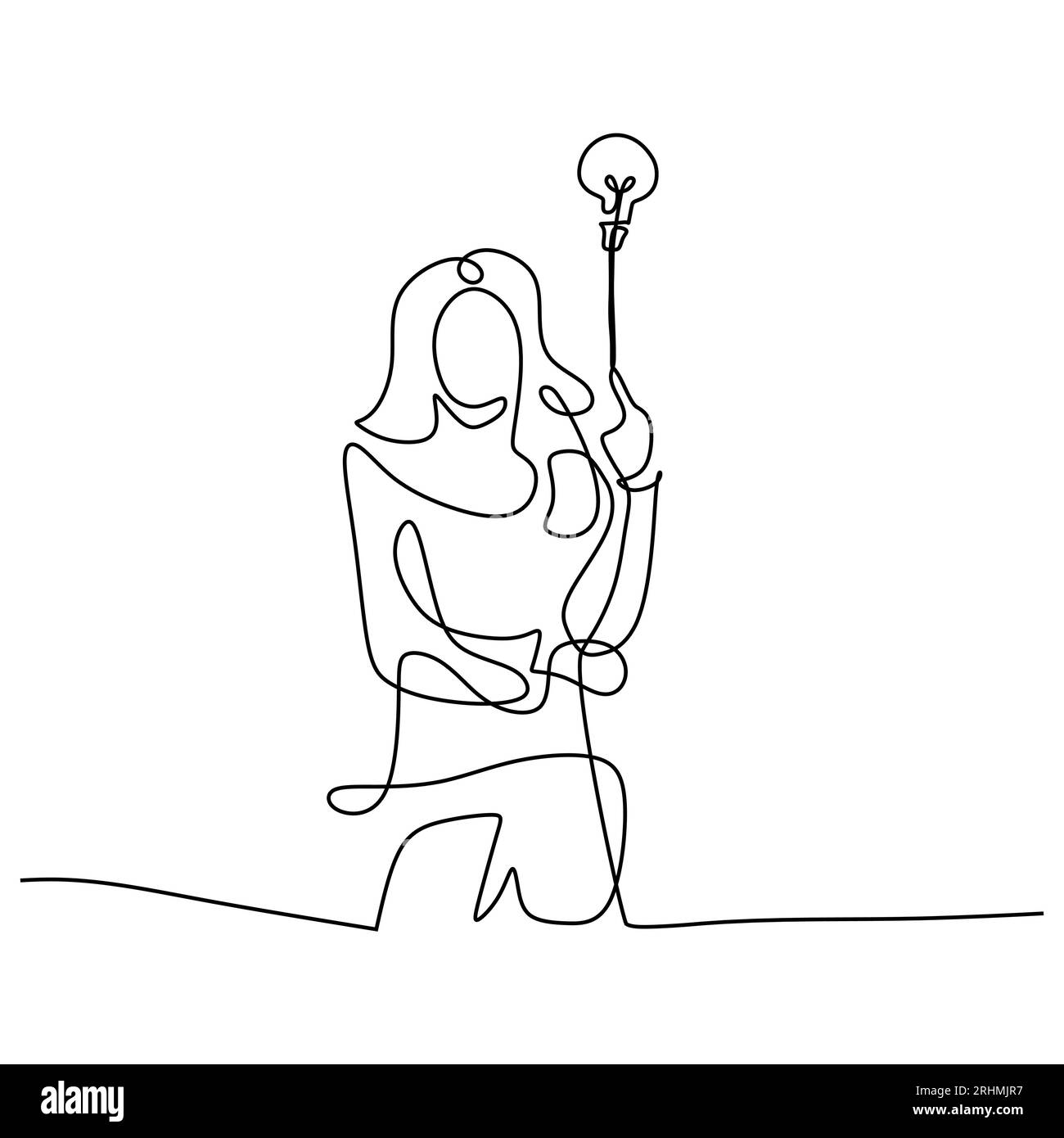 Ragazza in piedi con lampadina a una linea. Idea e concetto di soluzione creativa, illustrazione vettoriale minimalista. Illustrazione Vettoriale