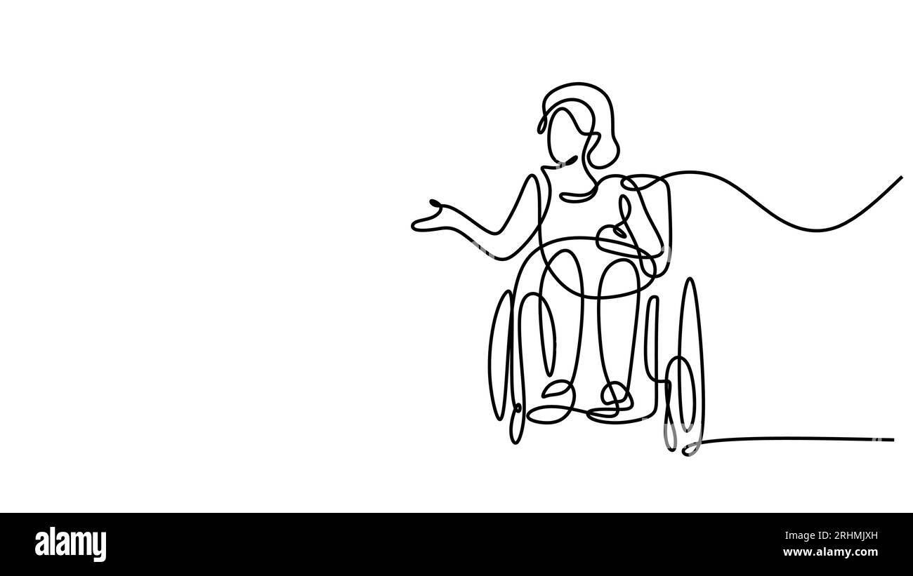 Donna su sedia a rotelle vettoriale, illustrazione con disegno a una linea. Illustrazione Vettoriale