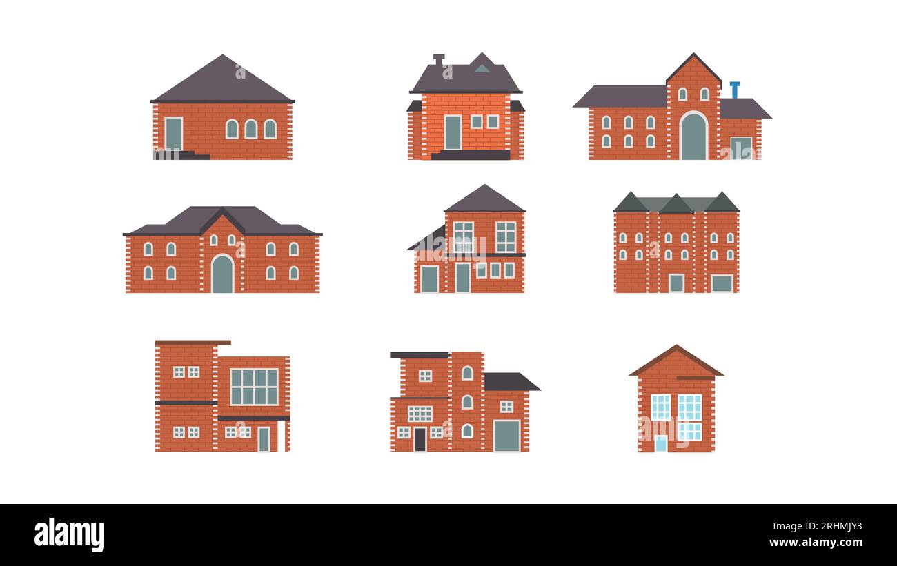 edificio in mattoni decorato con colori. Villaggi case urbane vettore. Illustrazione Vettoriale