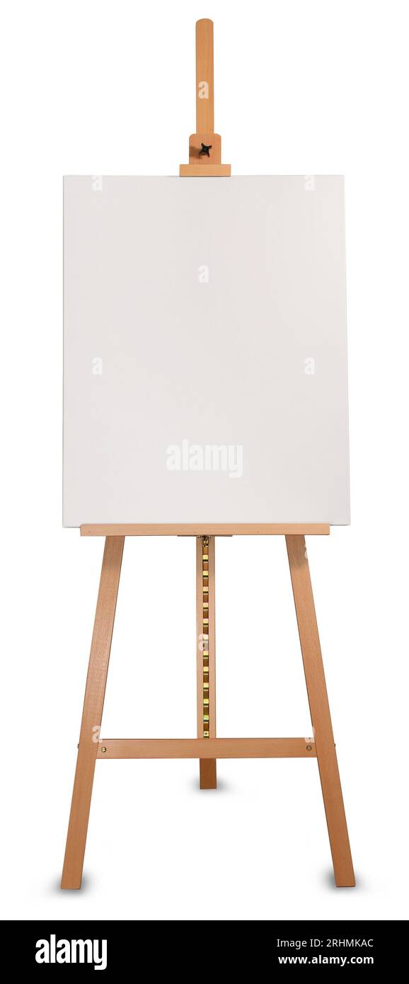 Cavalletto per pittori professionisti in legno con tela vuota, vista frontale, isolato su bianco, con ombra minima. Aggiungi il tuo progetto. Foto Stock