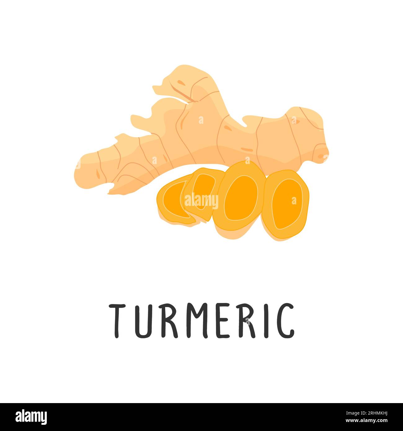 Curcuma illustrazione vettoriale, disegno piatto cartone animato di spezie curcuma prodotto naturale per la salute e le vitamine. Illustrazione Vettoriale