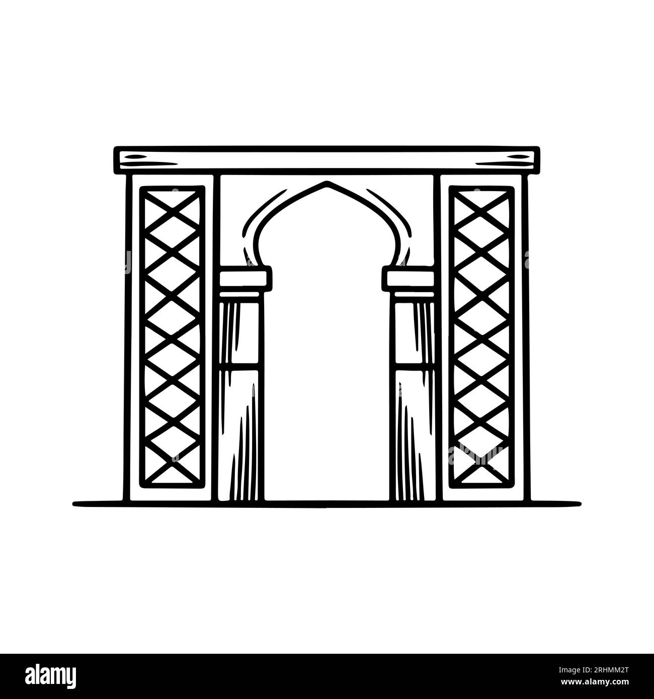 Edificio con cancello islamico, disegno a mano vettoriale. Illustrazione Vettoriale