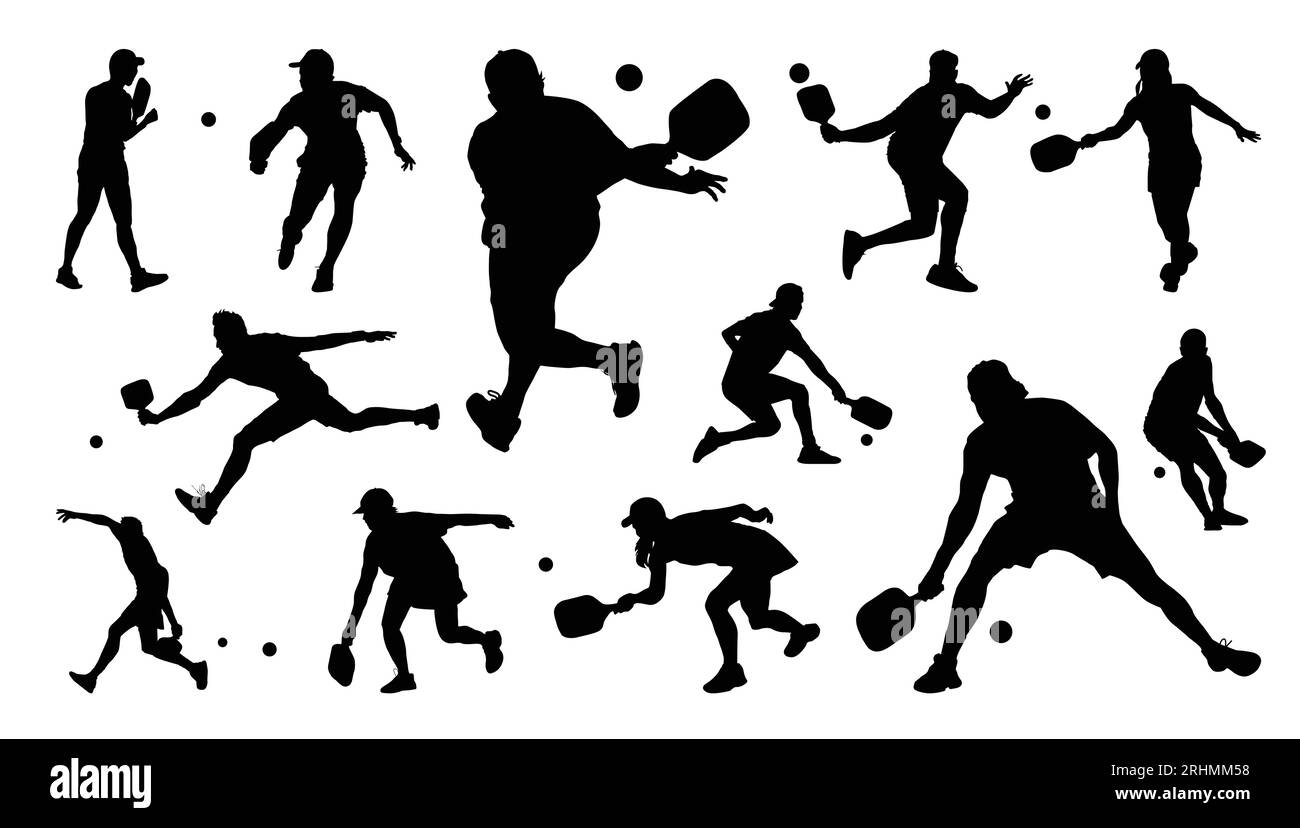 Pacchetto con silhouette vettoriale per giocatore Pickleball per qualsiasi scopo di progettazione Illustrazione Vettoriale