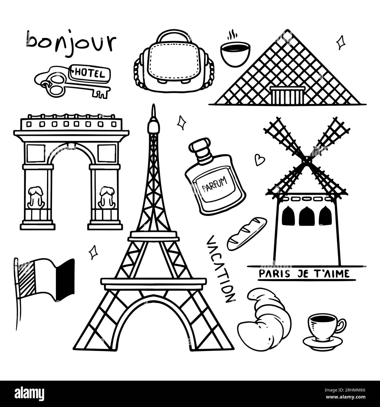 Set da disegno Travelling Paris France. Città e oggetti disegnati a mano. Illustrazione Vettoriale