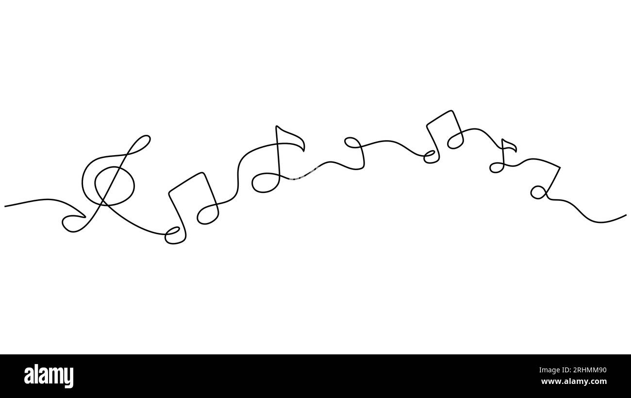 Semplice vettore di segnali musicali. Disegno continuo a una riga di note, canzoni, melodie ed elementi di design astratto classico. Illustrazione dei contorni minimalisti Illustrazione Vettoriale