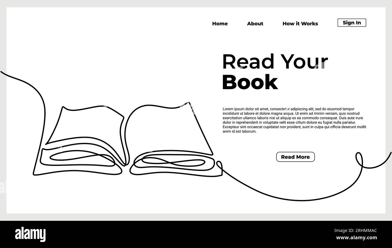 Libro aperto con disegni a linee continue e pagine volanti. materiale didattico illustrativo per il tema back to school per il sito web della landing page. Prenota un disegno a una linea Illustrazione Vettoriale