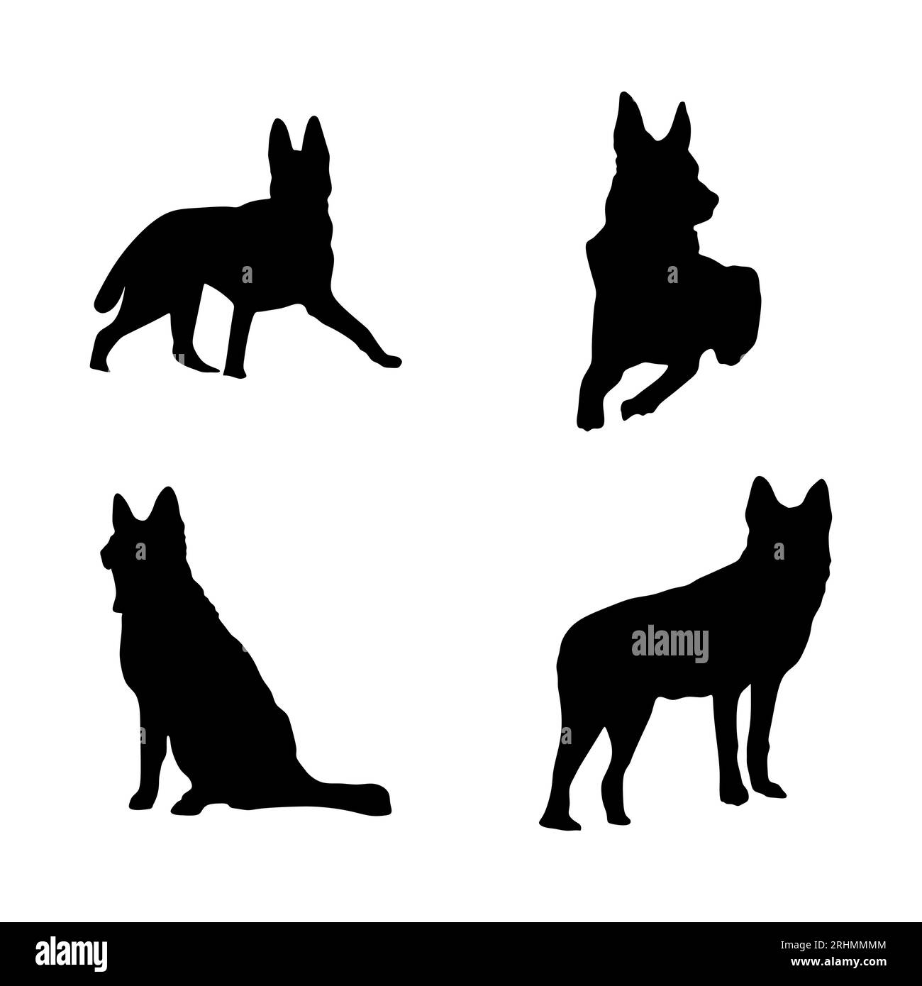Quattro silhouette di cane in germansheperd isolate su sfondo bianco. Illustrazione Vettoriale