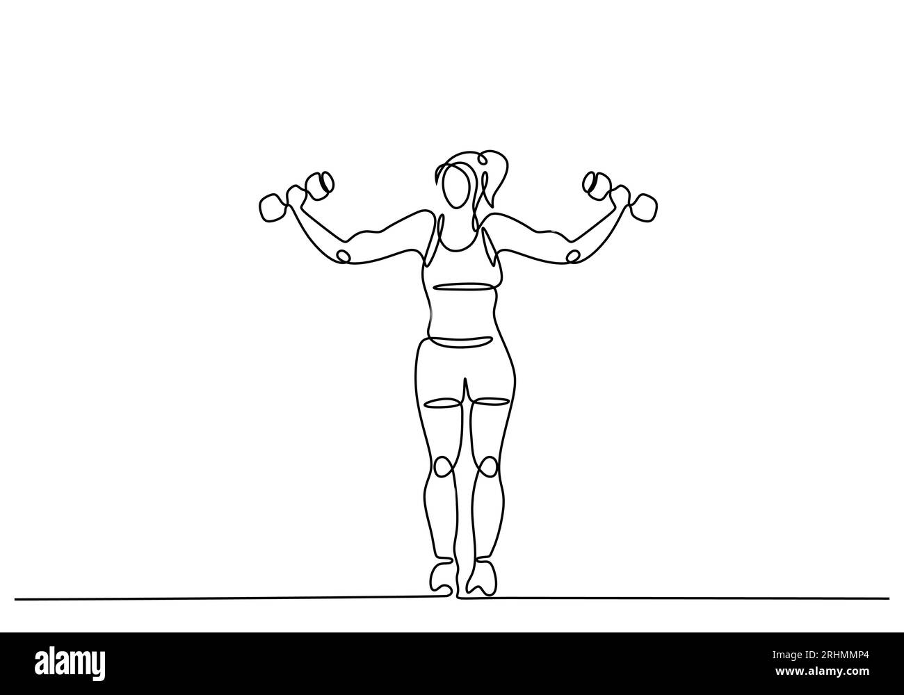 Donna che fa esercizio con il manichino. disegno a una linea. Allenamento a due mani per la forza muscolare. Illustrazione Vettoriale