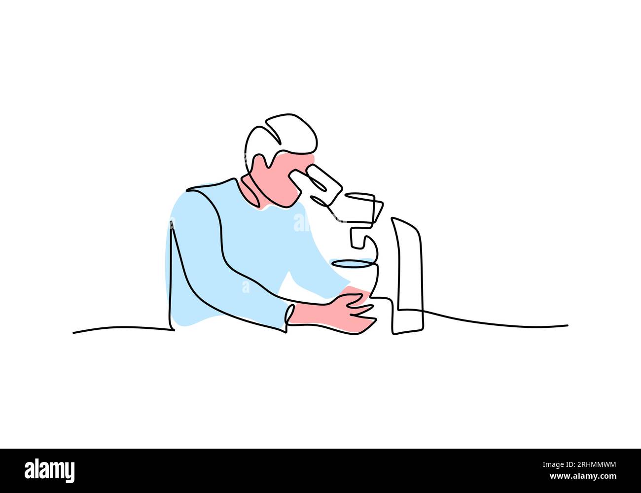 Microscopio - oggetti per strumenti e apparecchiature da laboratorio, disegno continuo a una linea, illustrazione vettoriale per scienza e istruzione. Illustrazione Vettoriale