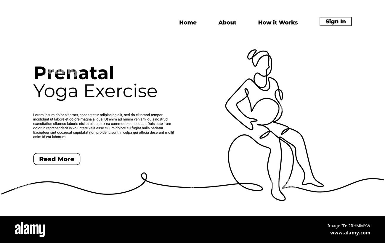 Esercizio di yoga prenatale, donna che fa posa sana durante la gravidanza. Disegno continuo a una linea minimalista, modello di landing page Web Concept, vecto Illustrazione Vettoriale