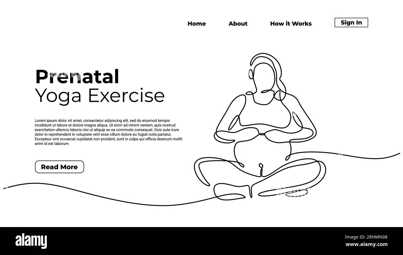 Madre incinta che fa yoga, disegno continuo a una linea. Illustrazione della grafica di schizzo modello di pagina di destinazione. Illustrazione Vettoriale