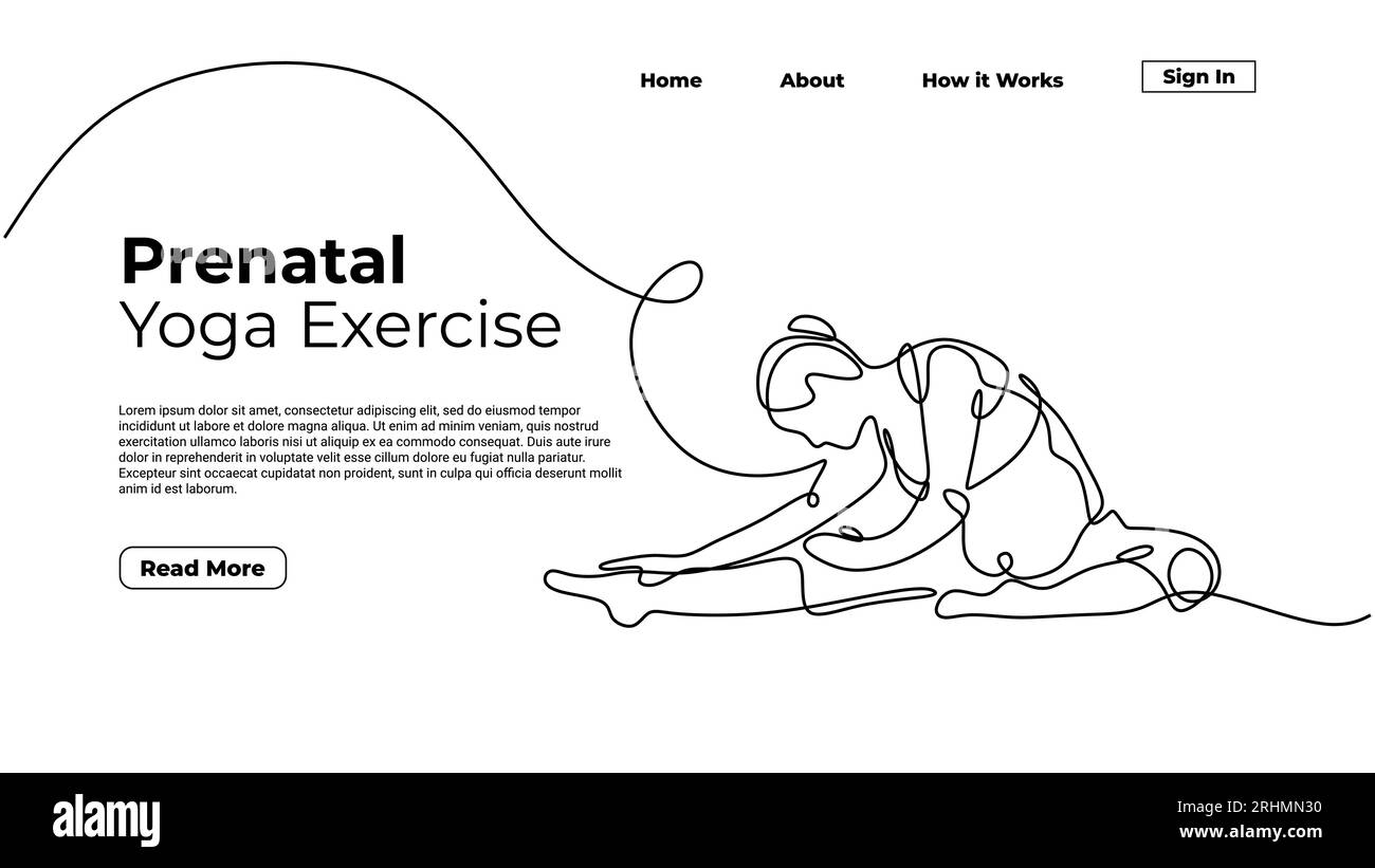 Madre incinta che fa yoga, disegno continuo a una linea. Illustrazione della grafica di schizzo modello di pagina di destinazione. Illustrazione Vettoriale