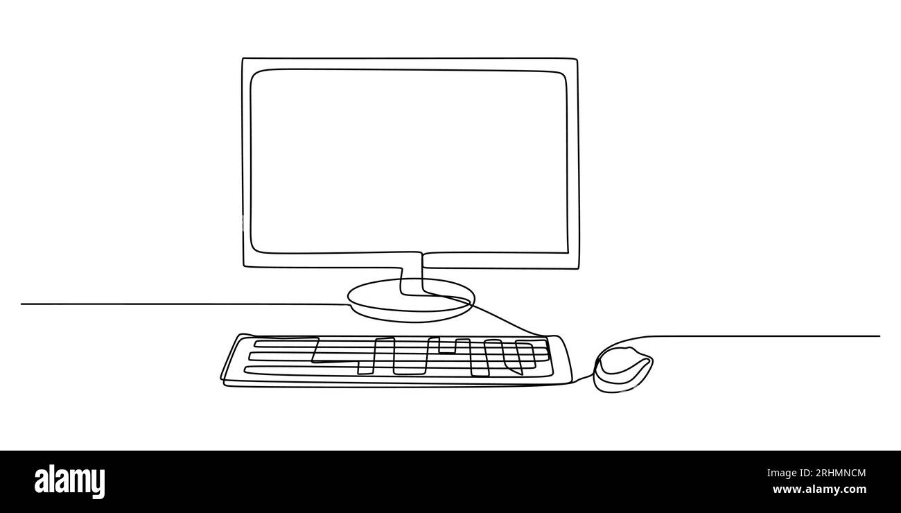 Un'unica linea continua di computer e relativi accessori, come monitor e tastiera per PC isolati su sfondo bianco. Illustrazione Vettoriale