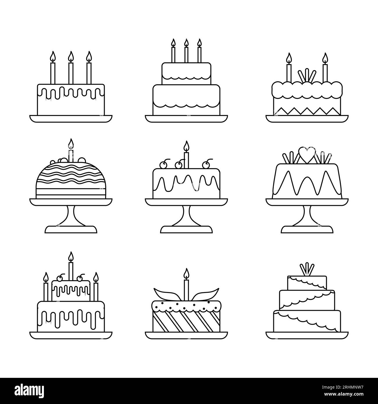 Set di torte per nove compleanni con elementi piatti isolati su sfondo bianco. Illustrazione Vettoriale