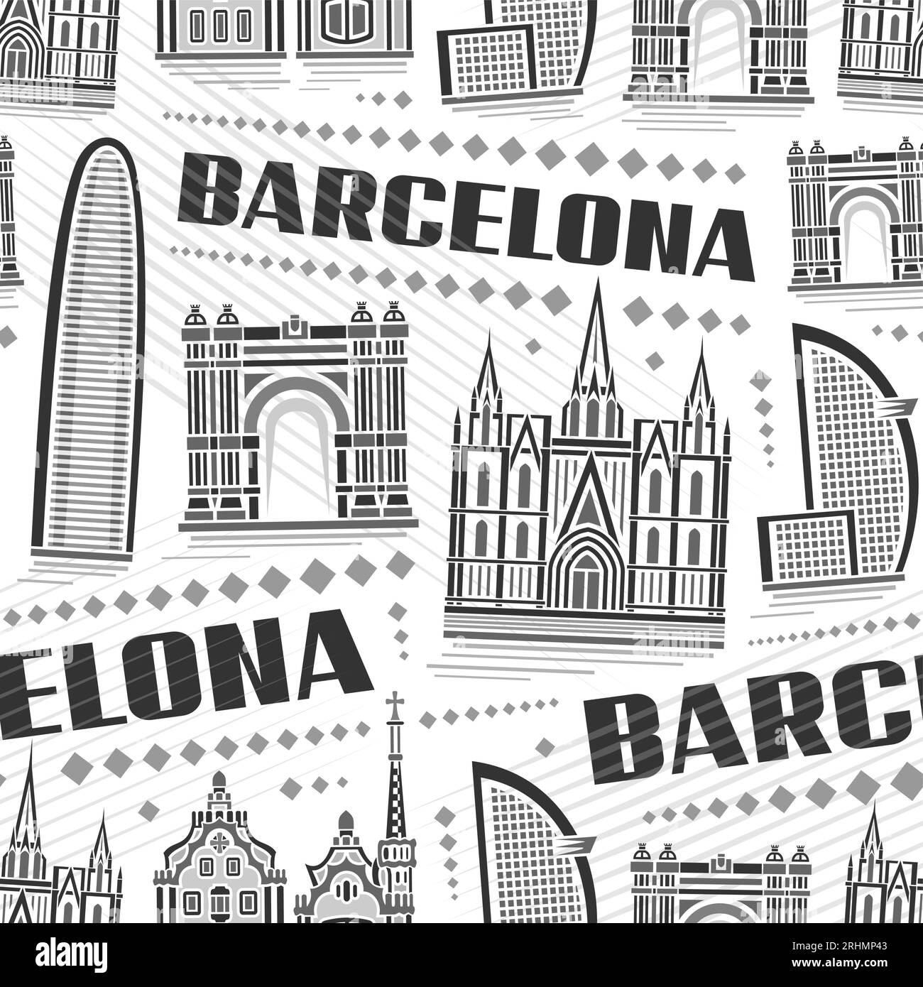 Vector Barcelona Seamless Pattern, sfondo a ripetizione quadrata con illustrazione del famoso paesaggio cittadino europeo di barcellona su sfondo bianco, monochro Illustrazione Vettoriale