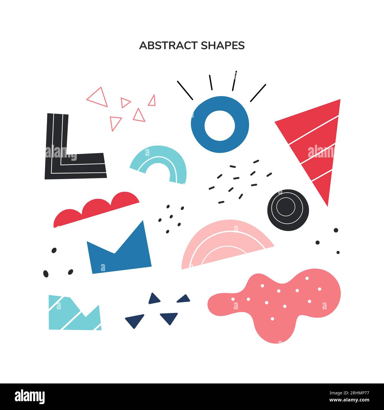Raccolta di forme geometriche astratte. Disegni vettoriali a mano di varie forme e oggetti scarabocchi per la progettazione. Set di stile moderno e contemporaneo astratto. Illustrazione colorata alla moda. Timbro texture. Illustrazione Vettoriale