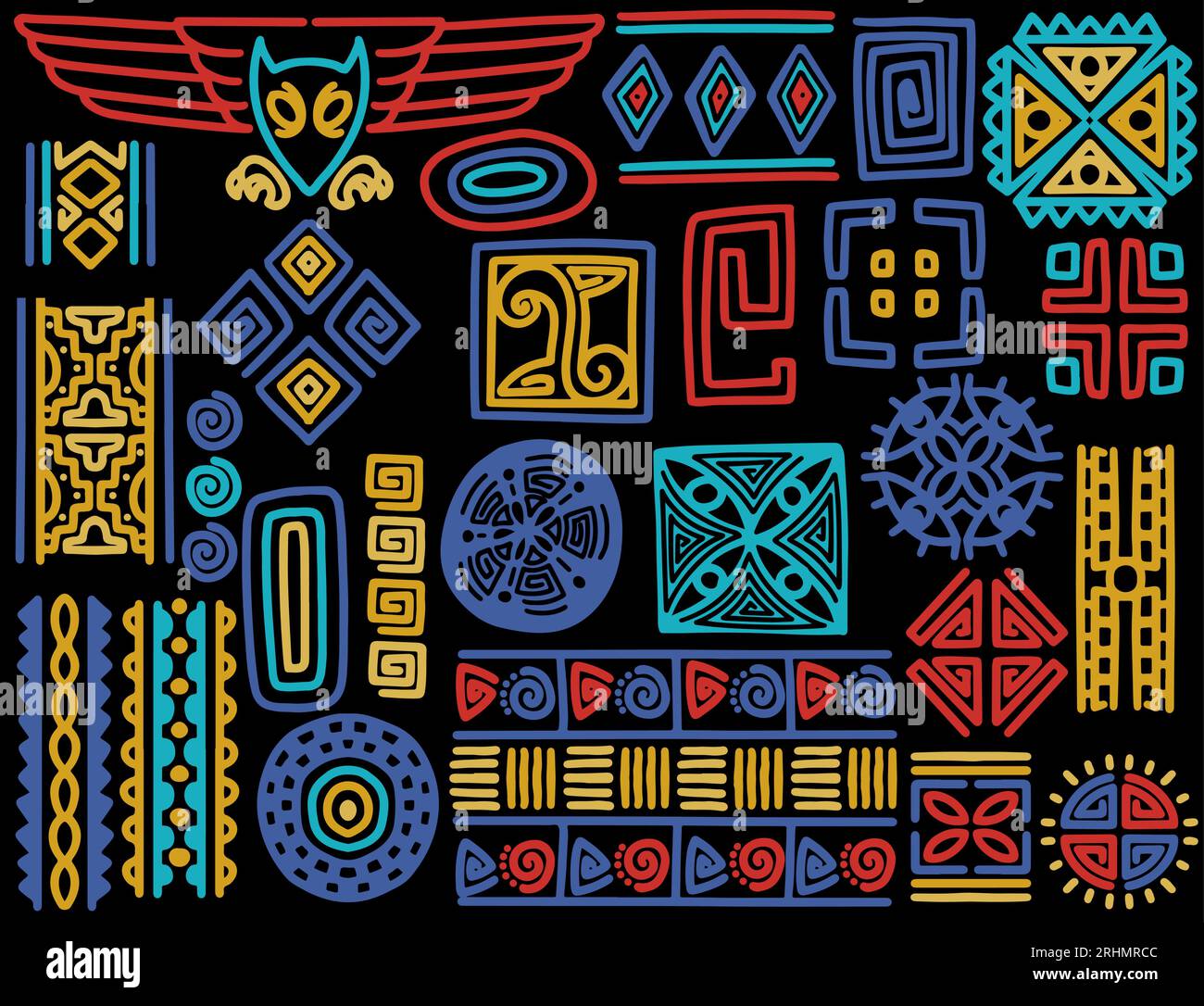 set di oggetti tribali disegnati a mano. Spazzole per ornamenti etnici geometrici astratti. Colorato isolato su sfondo nero. Illustrazione Vettoriale