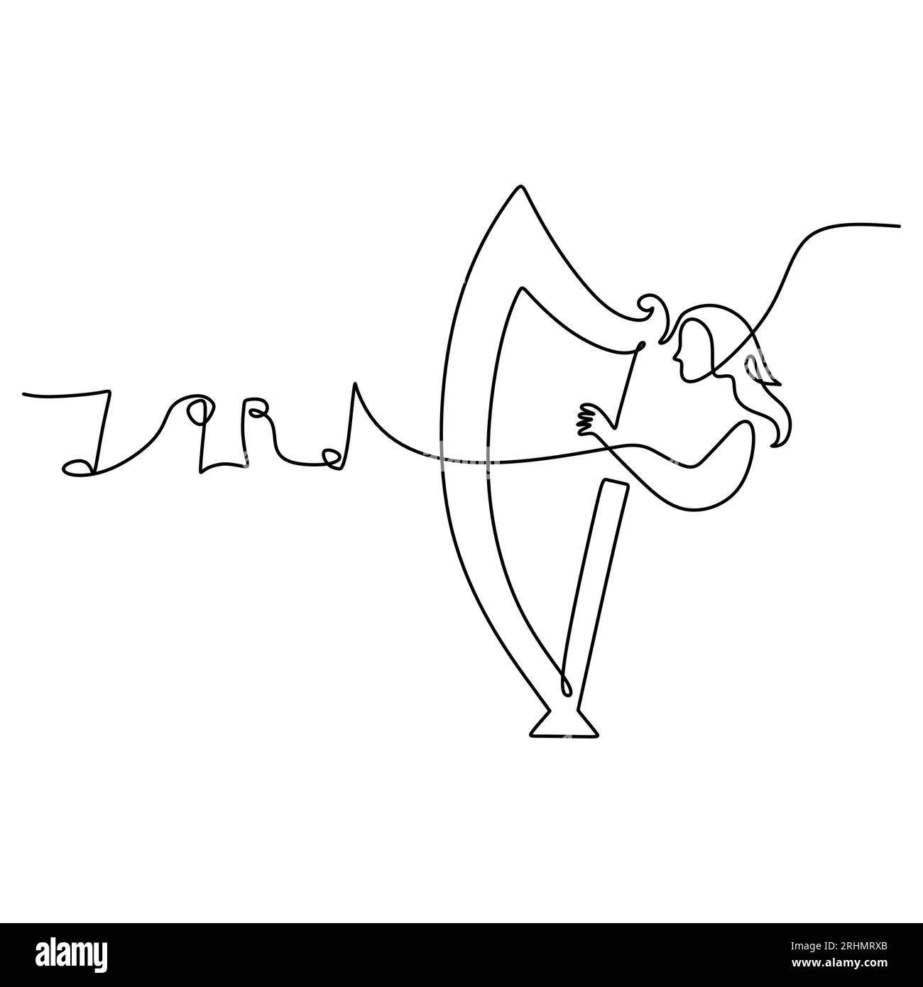 Una singola linea continua di ragazze che suonano l'arpa isolata su sfondo bianco. Illustrazione Vettoriale